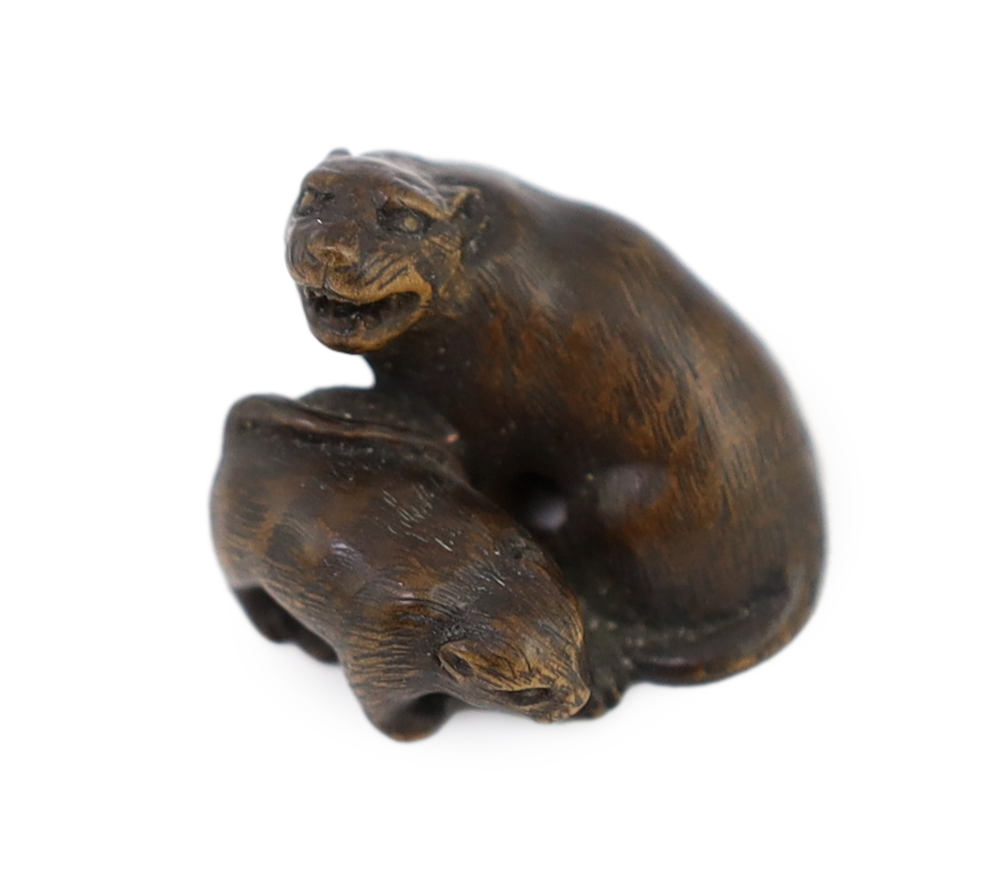 A Japanese carved wood netsuke of a tiger and cub, 19th century